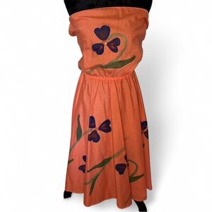 Vintage Handmade Orange Tie in Back Dress with Painted Purple Floral Design